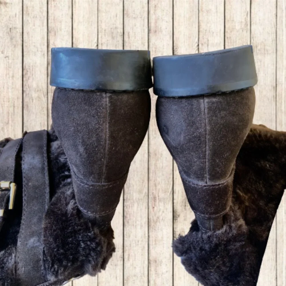 GEOX Mid-Calf Boot Dark Brown Suede Faux FUR Buckles Straps Studs